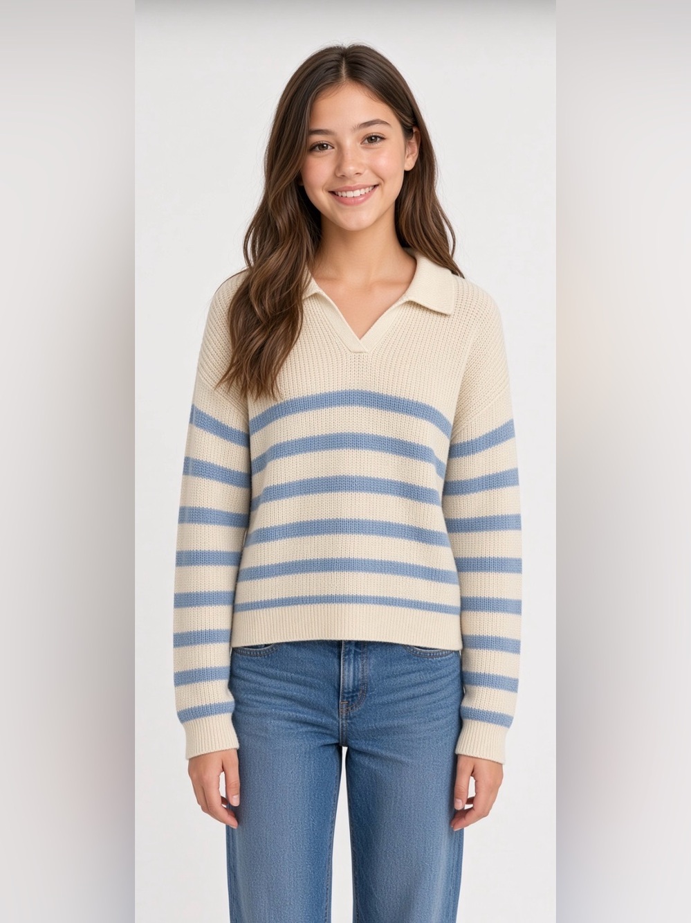 Cat & Jack Girls' Light Blue Striped Coastal Johnny Collar Sweater size XL 14
